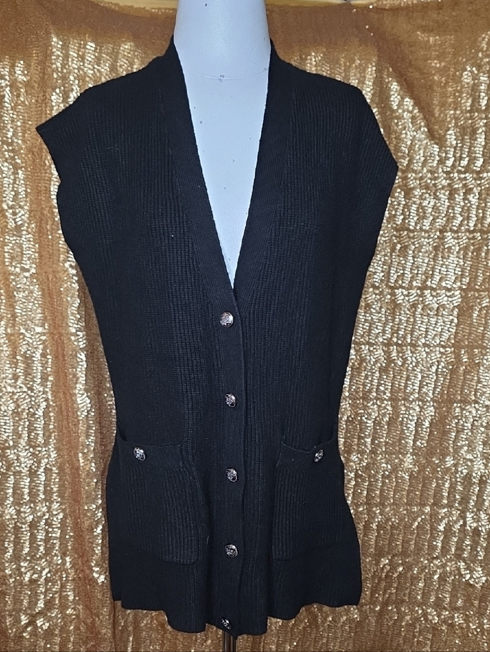 Tahari Black Ribbed Button-Front Sweater Vest